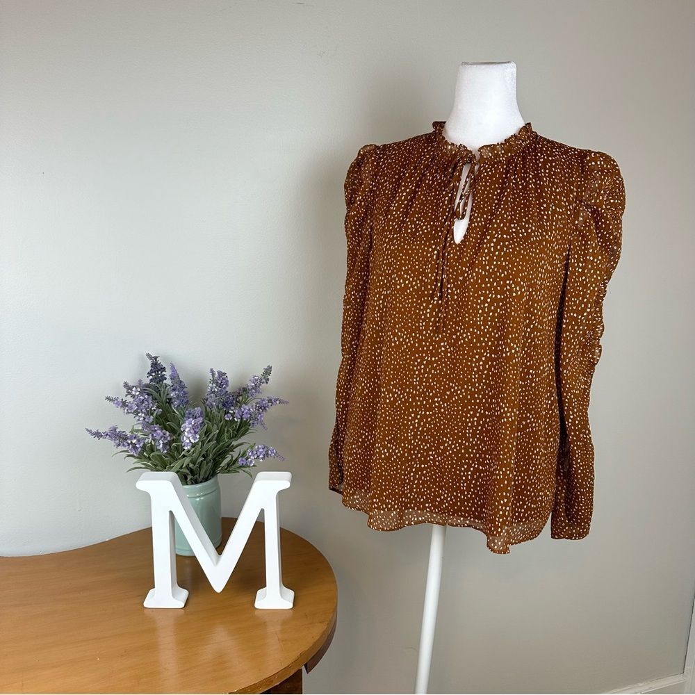 Cece Brown and White Tie Neck Ruffle Long Sleeve Blouse - Size Small EUC